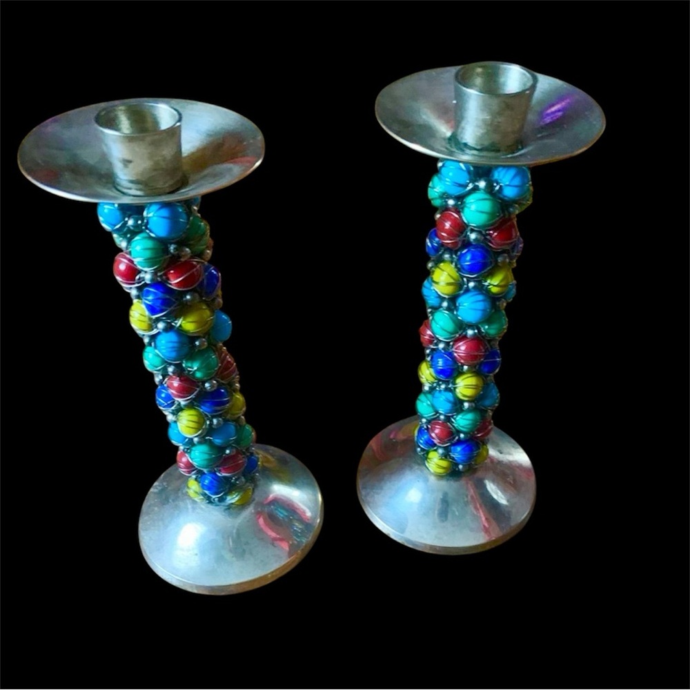 Source Unknown Vibrant Beaded Candle Holders